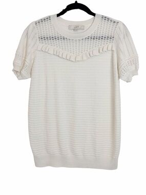 LOFT Ivory Ruffle Yoke Short Sleeve Knit Sweater